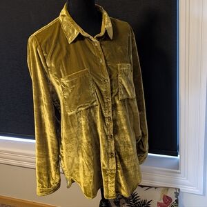 Maeve Anthropologie Karina Green Crushed Velvet Button Down Top